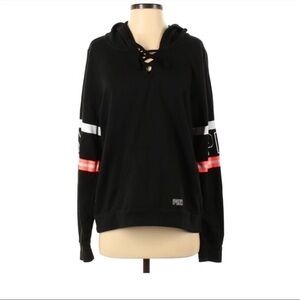 PINK Victoria's Secret Black Lace-Up Sweatshirt with Red and White Stripes